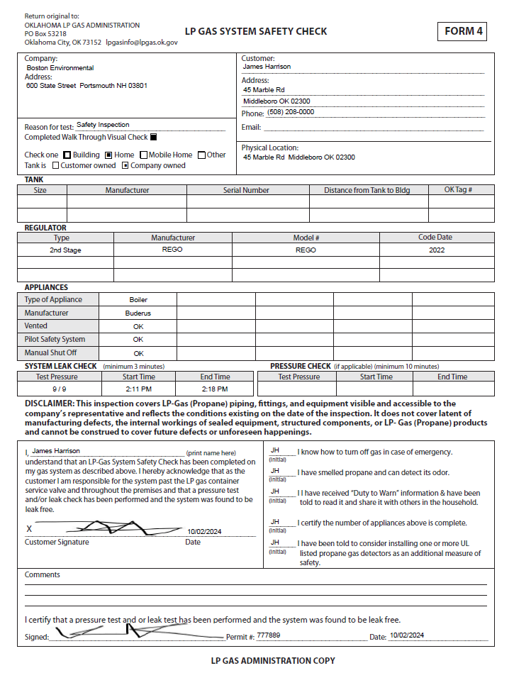 p3 lp gas system safety check form